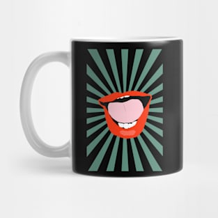 Funky colorful lips on sunburst background Mug